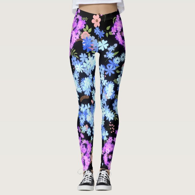 Legging tons pastel floral em fundo preto (Frente)