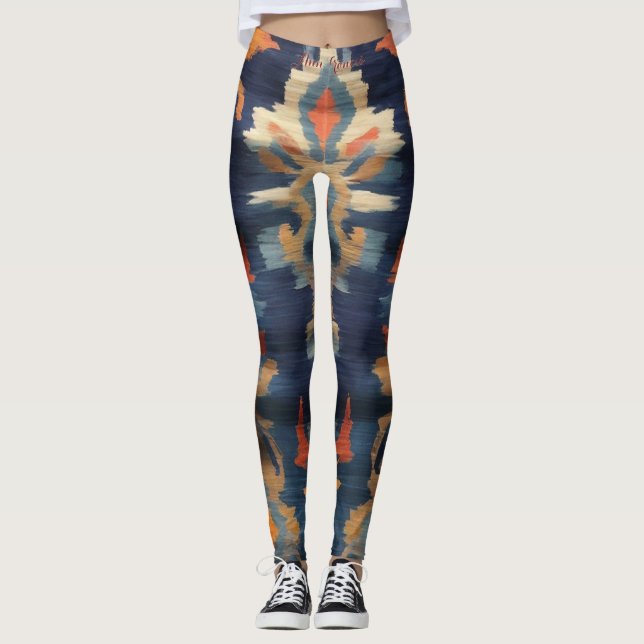 Legging Tons Terrosos Estilosos Vibrantes Padrão Ikat Text (Frente)