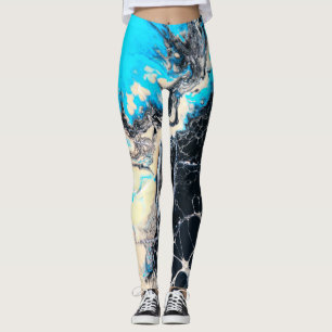 Legging Trabalho de arte fluido ciano e preto da pintura