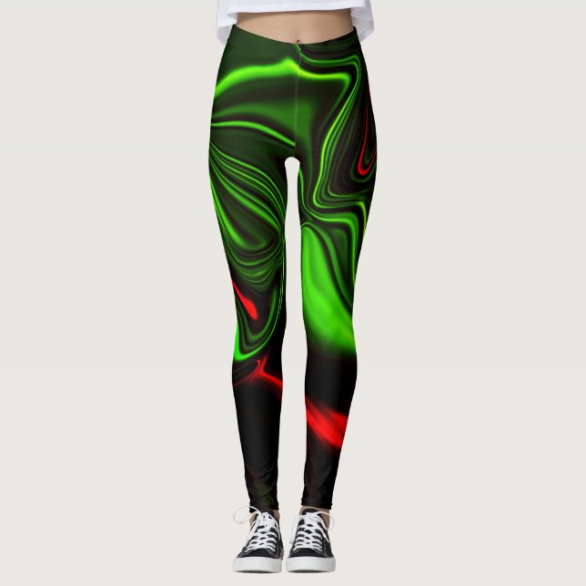 Legging Traços curvos verdes e vermelhos sobre fundo verde (Frente)