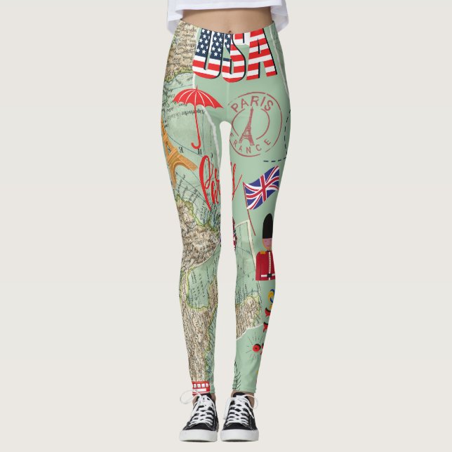 Legging Traveler lover design World mapeia estados unidos (Frente)