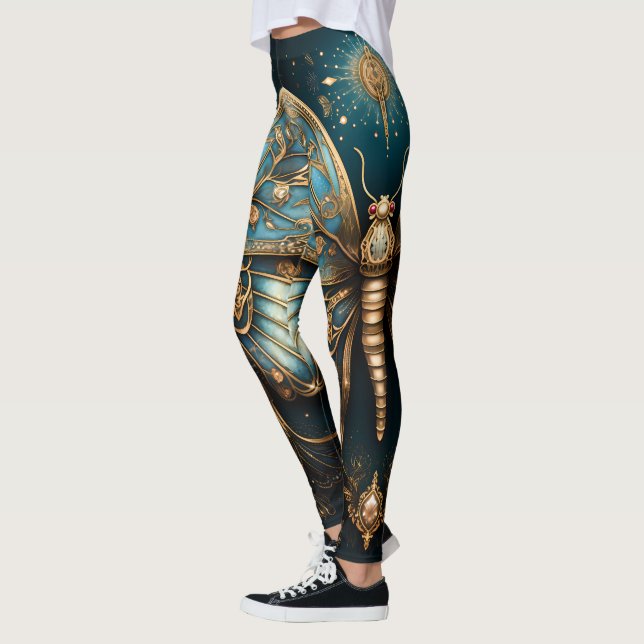 Legging Trendy Art Deco Azul Borboleta Dourada Yoga (Esquerda)