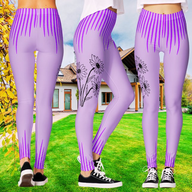 Legging Trendy Purple Lilac Floral Stripe Workout Mulheres (Criador carregado)
