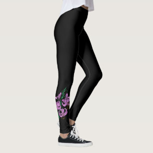 Legging Três Flores Roxas ~ Fundo Preto ~ Único ~