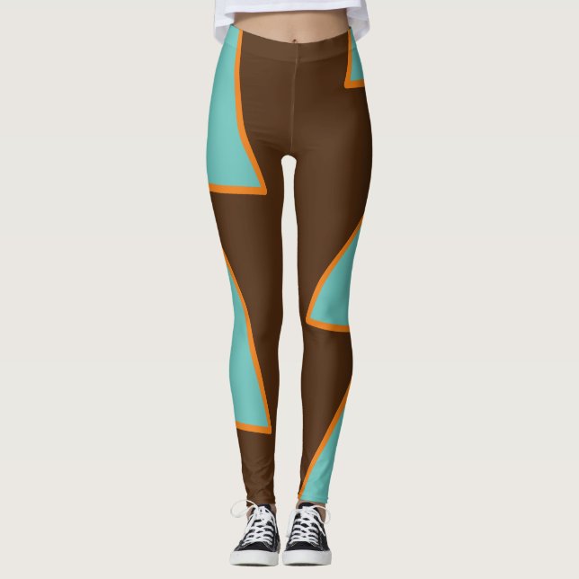 Legging Triângulos Retro Leve Teal e Salmão em Castanho (Frente)
