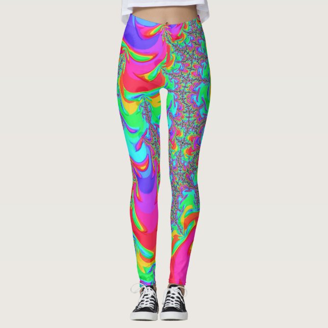 Legging Trippy Retro Vibrant Neon Rainbow Arte Fractal (Frente)
