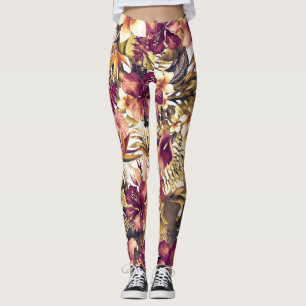 Legging Tropicais Dourados Havaianos Elegante Vintage Mode