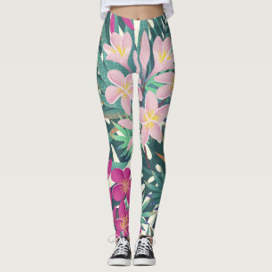 Legging Tropical de Frangipani: Vintage branco-rosa.