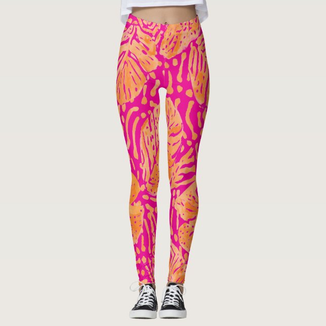 Legging Tropical Leaves Pattern, shocking Pink, Orange  (Frente)