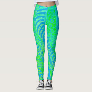 Legging Tropical Pattern, Line Round Curve, Blue Turquoise