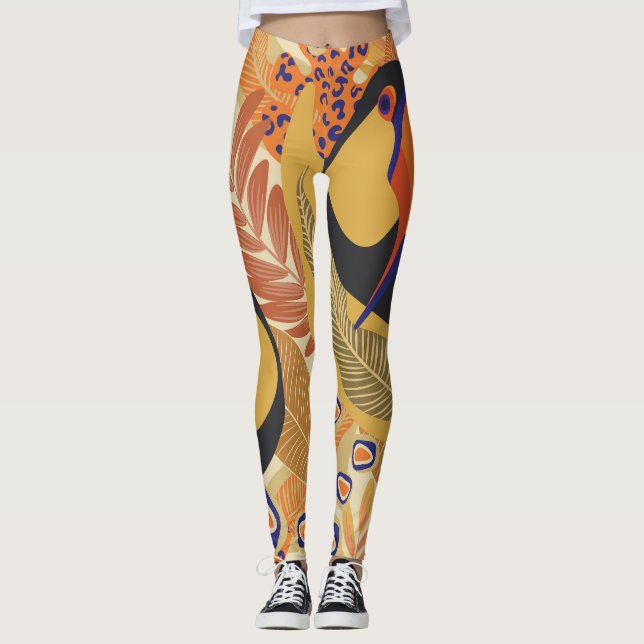 Legging Tucanos em galhos, padrão tropical perfeito. (Frente)