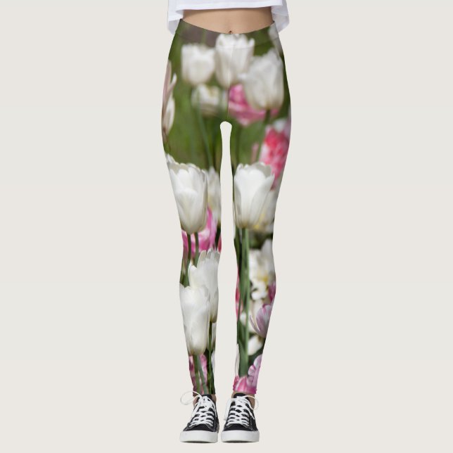 Legging Tulipas brancas e cor-de-rosa brilhantes num dia e (Frente)