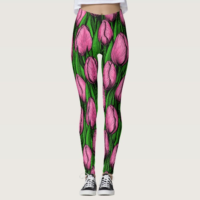 Legging Tulipas cor-de-rosa com folhas verdes (Frente)