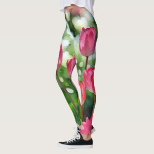 Legging Tulipas de Arte Cor de Água Rosa e Verde