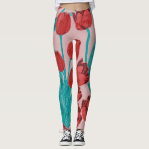 Legging tulipas de primavera, padrão floral desenhado à mã