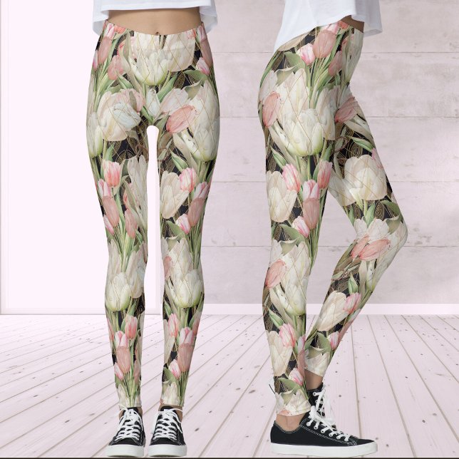 Legging Tulipas Elegantes Negras Modernas com Padrão Doura (Criador carregado)