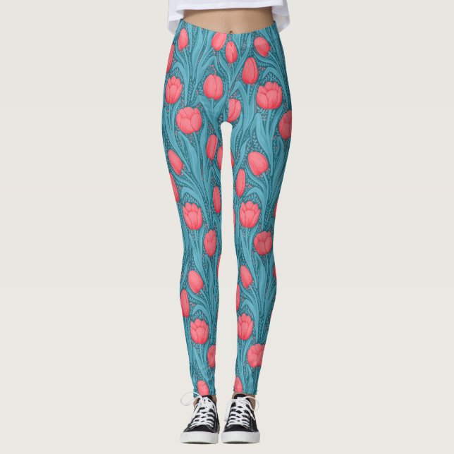 Legging Tulipas em azul e vermelho (Frente)