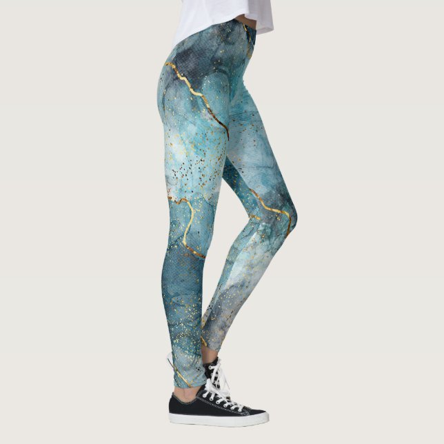 Legging Turquesa Abstrato Watercolor Glitter Dourado (Direita)