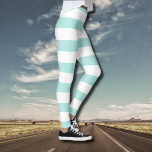 Legging Turquesa Claro e Listras Horizontais Largas Branca