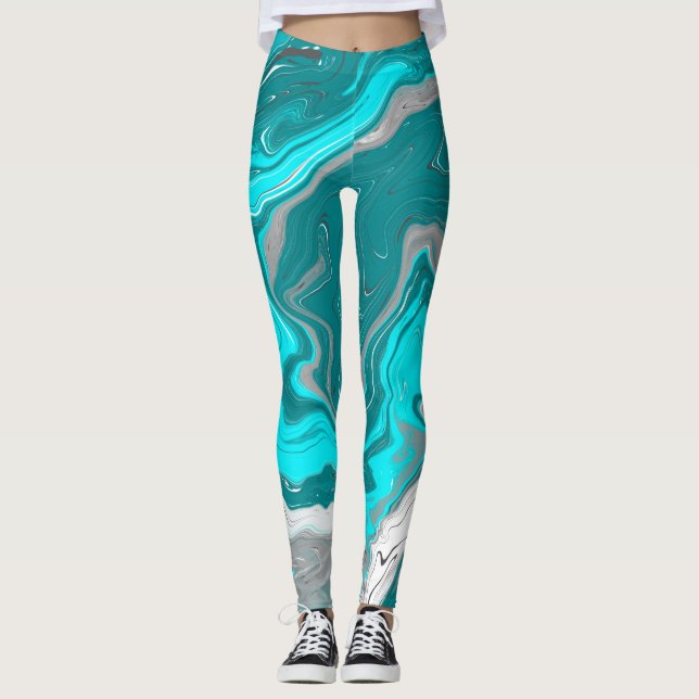 Legging Turquesa e Teal Marble Fluid Art (Frente)