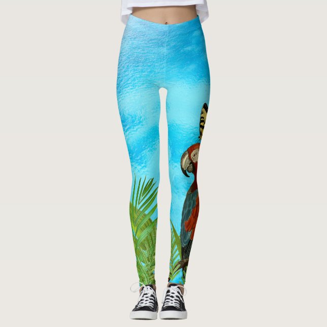 Legging Turquesa, papagaio-do-mar e Canvas de borboletas (Frente)