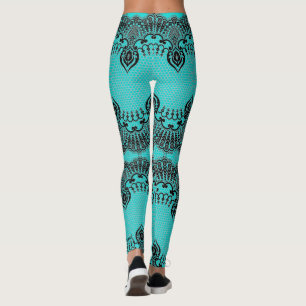 Legging Turquesa Preta-Falsa Das Coxas Da Rede De Pesca