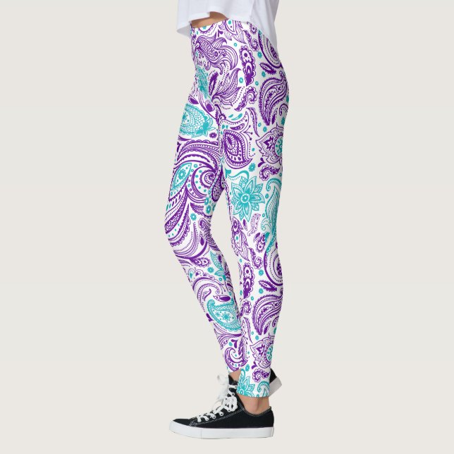 Legging Turquesa roxa e padrão paisley branco (Esquerda)
