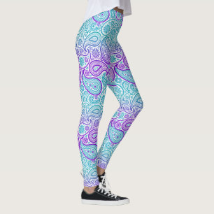Legging Turquesa roxa e padrão paisley branco no2