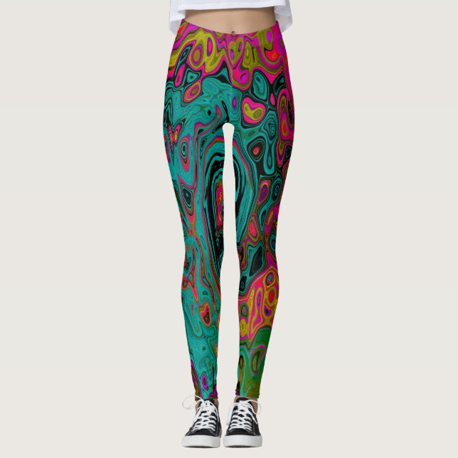 Legging Turquesa Trippy Abstrato Líquido Redemoinho Retro (Frente)