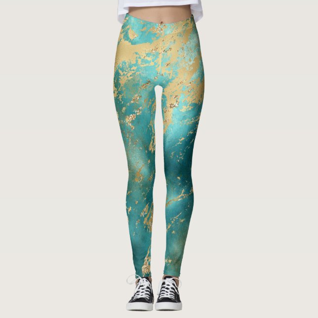 Legging  Turquesa Verde Mármore Dourado Abstrato Moderno  (Frente)