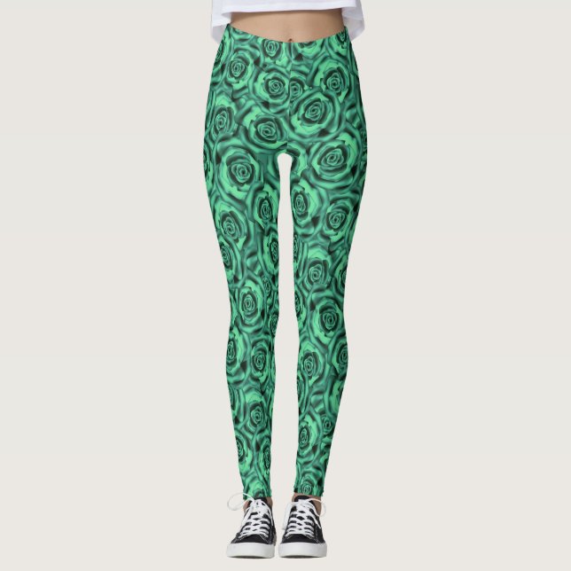 Legging Turquesa verde, rosas, floral, verde, turquesa, (Frente)