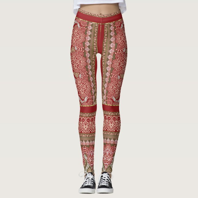 Legging um design de padrão vermelho e bege_ (Frente)
