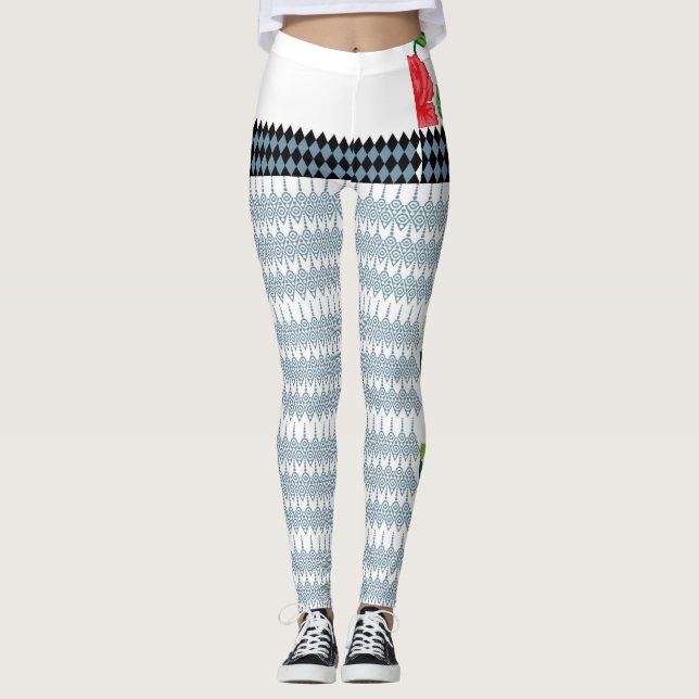 Legging um padrão azul e branco com fundo branco (Frente)
