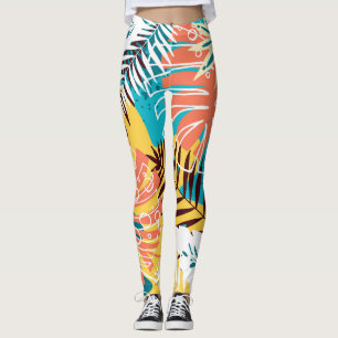 Legging Um padrão colorido de folhas da selva tropical.