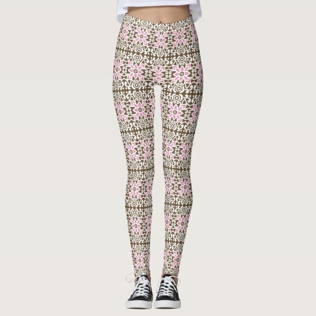 Legging um padrão cor-de-rosa e castanho sobre fundo branc (Frente)