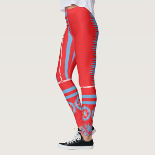 Legging Um padrão vermelho e azul colorido rodeado por uma