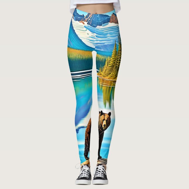 Legging Urso de Montanha: Arte de Reflexão do Lago (Frente)