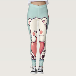 Legging Urso Polar Agitando um Coração em uma Base Azul Cl