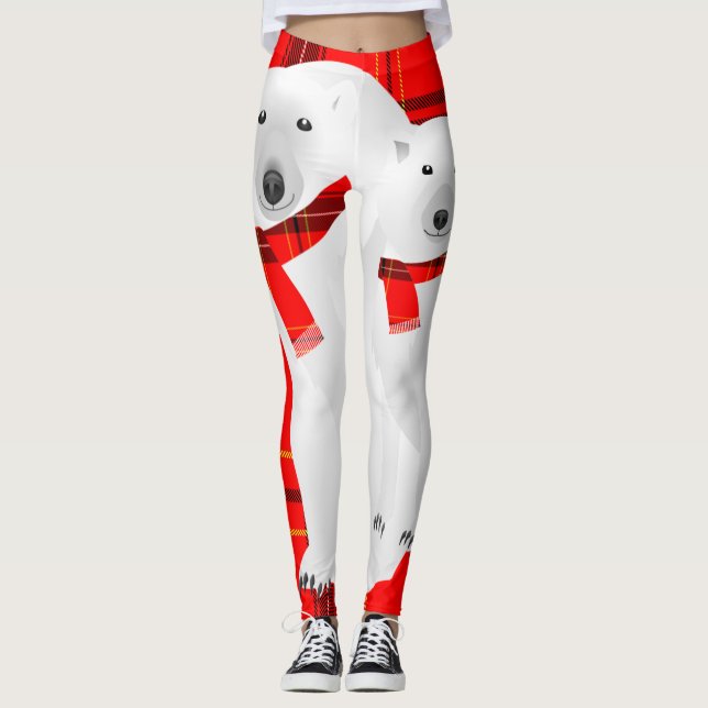 Legging Urso Polar e Lobo Branco com Cachecol Xadrez Verme (Frente)