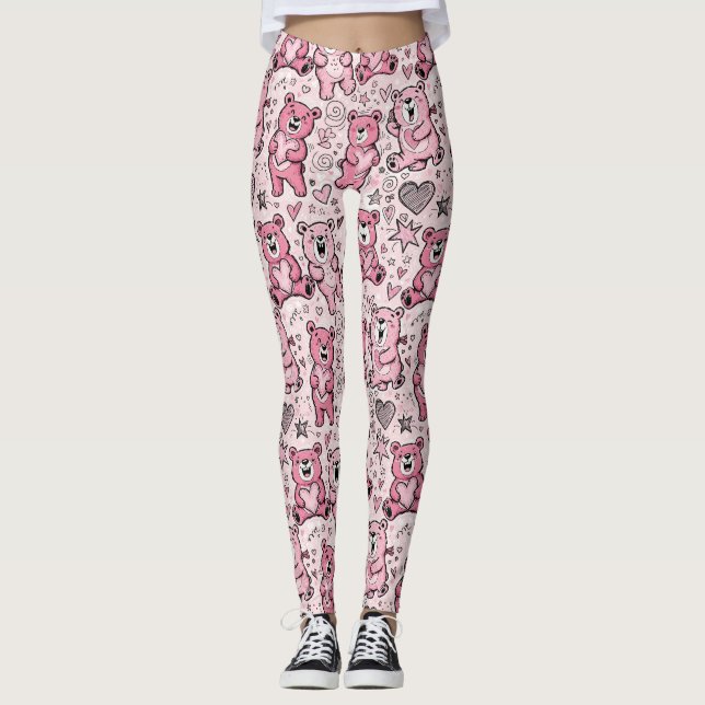 Legging Urso Teddy Kawaii Padrão Rosa (Frente)