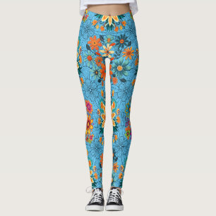 Legging Vasos de flores com padrão de várias cores. Preto