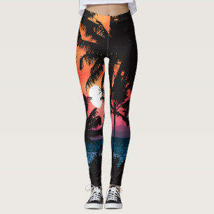 Legging Verão Tropical Cor de Rosa Laranja Palmeira Sunset