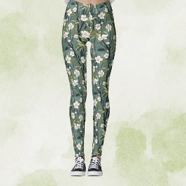 Legging Verde Azul Chinês Floral Tropical Dourado Branco