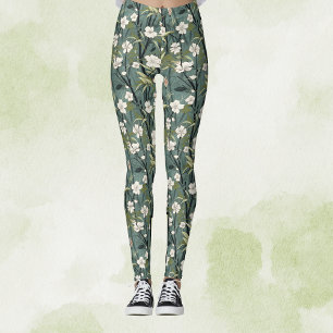 Legging Verde Azul Chinês Floral Tropical Dourado Branco