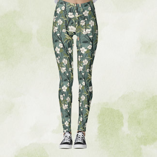 Legging Verde Azul Chinês Floral Tropical Dourado Branco