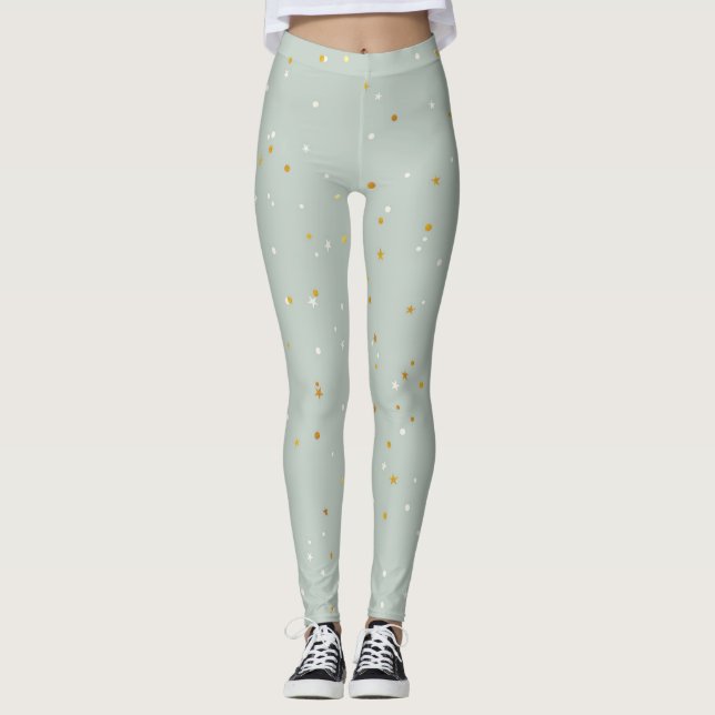 Legging Verde-Casa Com Faíscas Brancas E Douradas (Frente)