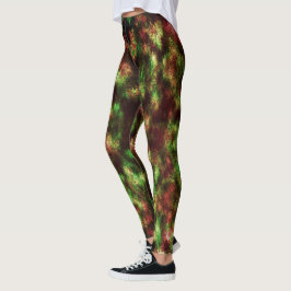 Legging Verde conservado, acastanhado vermelho com penas.