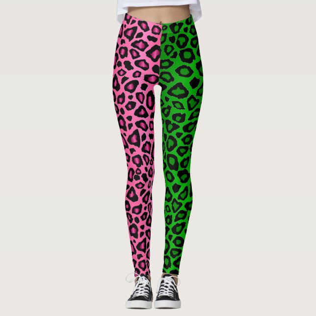 Legging verde limão - Animal Leopardo Rosa Quente  (Frente)