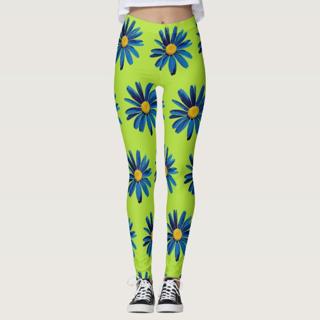 Legging Verde limão & Blue Daisies Pop Art (Frente)