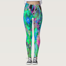 Legging Verde limão Psicodélico Trippy e flores azuis
